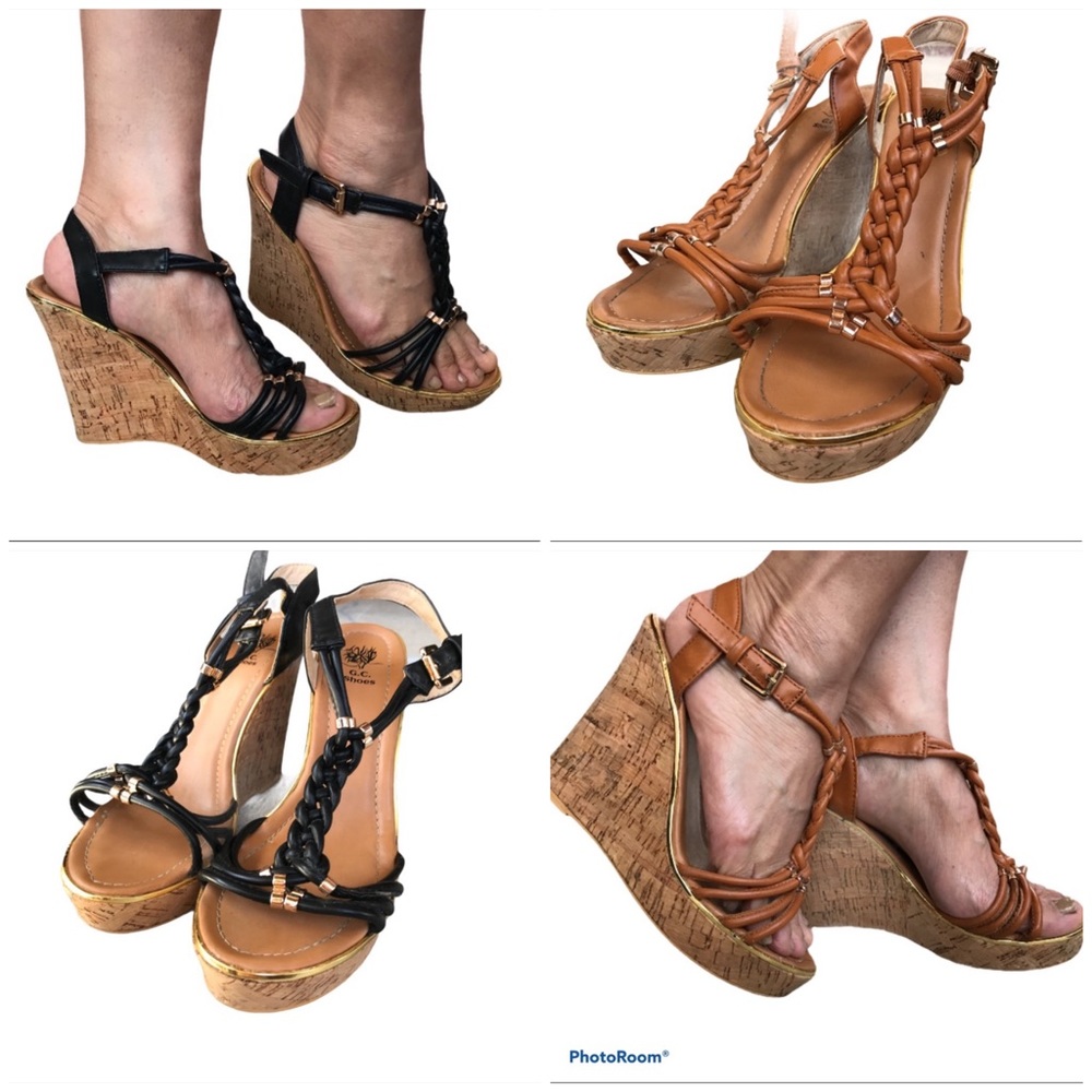 G.C Shoes Wedge Sandals Black/Tan Bundle